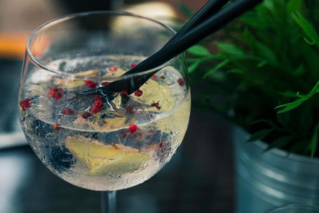 Close-up of a refreshing gin and tonic with lemon, ice, and berries garnishment.